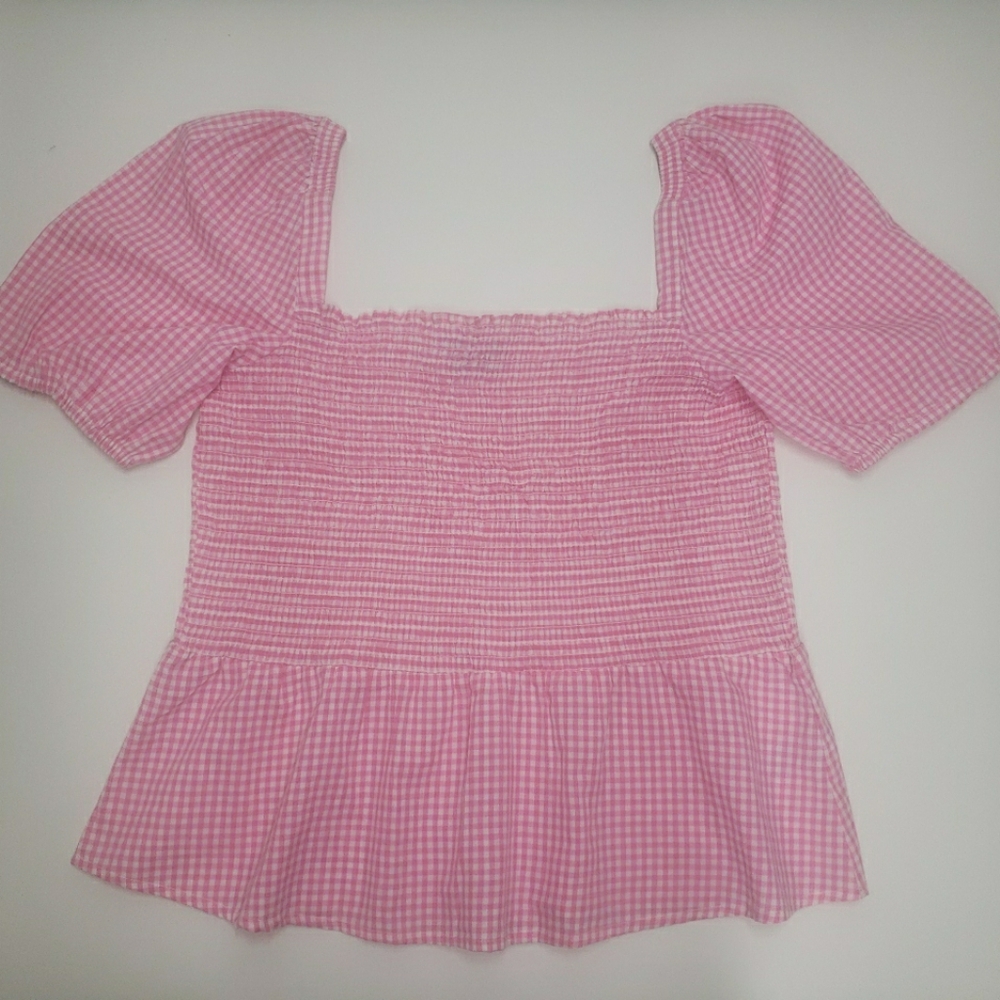 French Connection Artina Smocked Gingham Peplum Top Begonia Plaid Babydoll Large